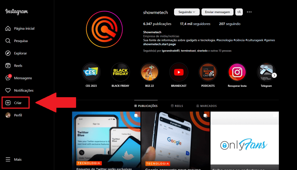 Imagem de captura de tela do instagram desktop com opções de postagem.