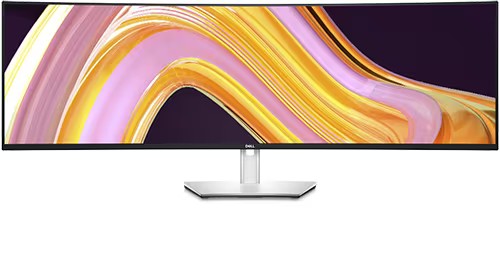 Screen with large curved dell ultrasharp 49-inch monitor, ideal for professional multitasking.