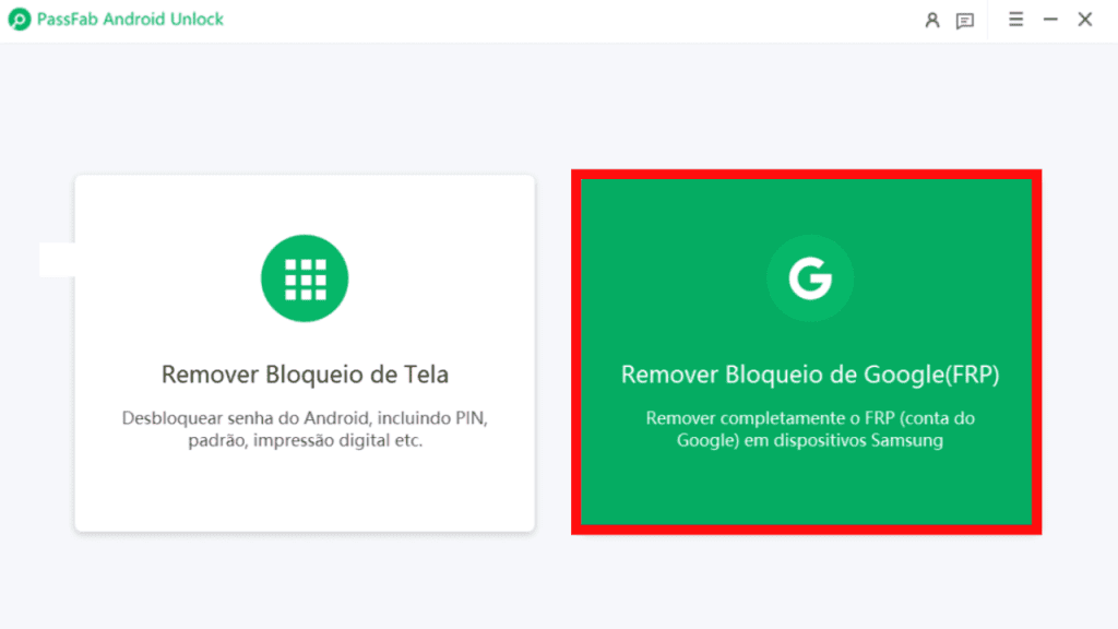 Como excluir conta do google de um celular samsung Tela inicial do passfab android unlocker para processo de como remover conta do google