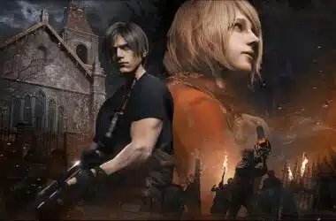 Imagem de personagens do jogo resident evil 4 remake com cenário assustador ao fundo.