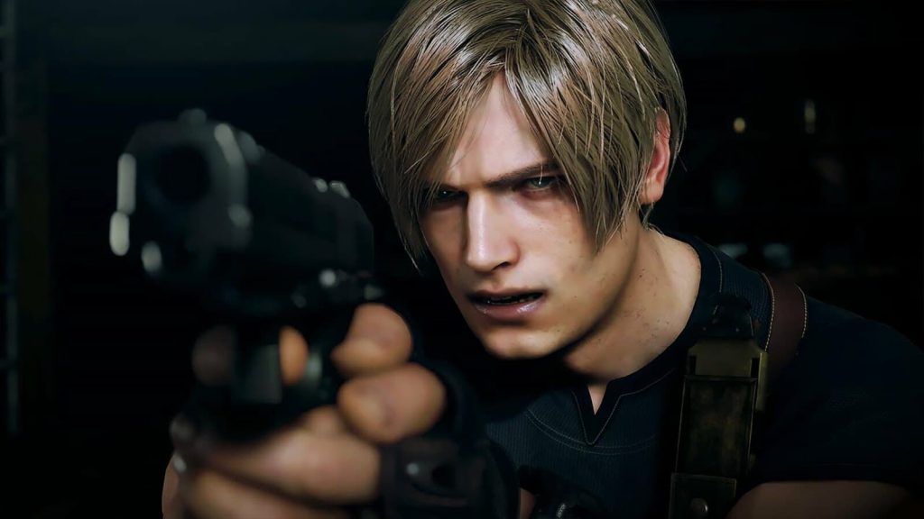 Texto alternativo: personagem do remake de resident evil 4 encarando com arma em mãos, gráficos aprimorados, suspense e ação.