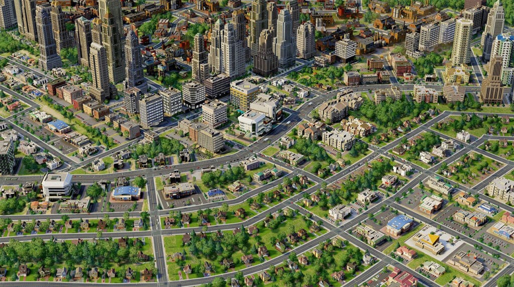Arte promocional de "simcity (2013", mostrando uma cidade do jogo com áreas comercial e residencial