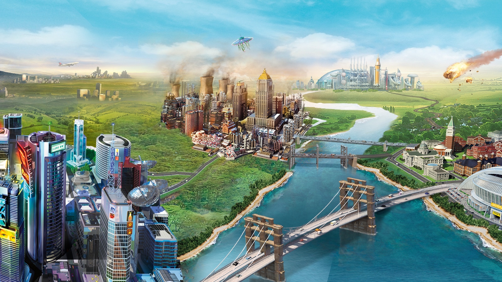 Imagem promocional do "simcity" de 2013, que mostra a arte de uma cidade no design do jogo.