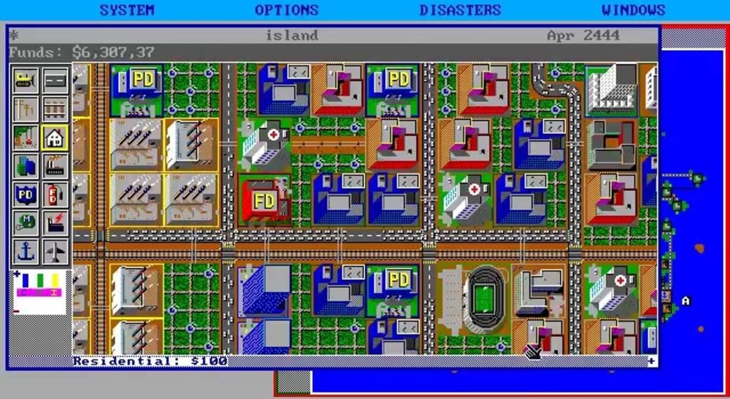 Captura de tela do primeiro simcity, em que o jogo era em 2d visto de cima.