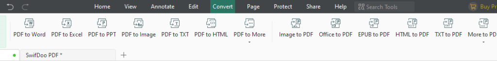 Aba "convert" do programa swifdoo pdf, que permite a conversão do pdf em outros tipos de arquivo.