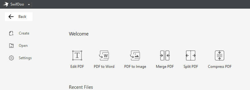 Diferentes opções de abrir um pdf no programa swifdoo.