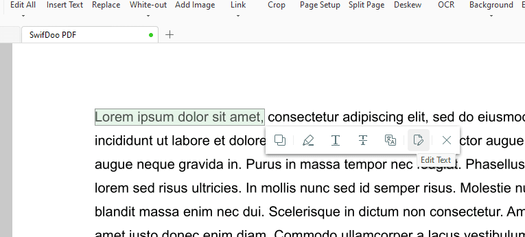 Como editar arquivos pdf com o swifdoo pdf Tela do editor de pdf swifdoo, mostrando opções de destacar, sublinhar e traduzir trechos do texto.