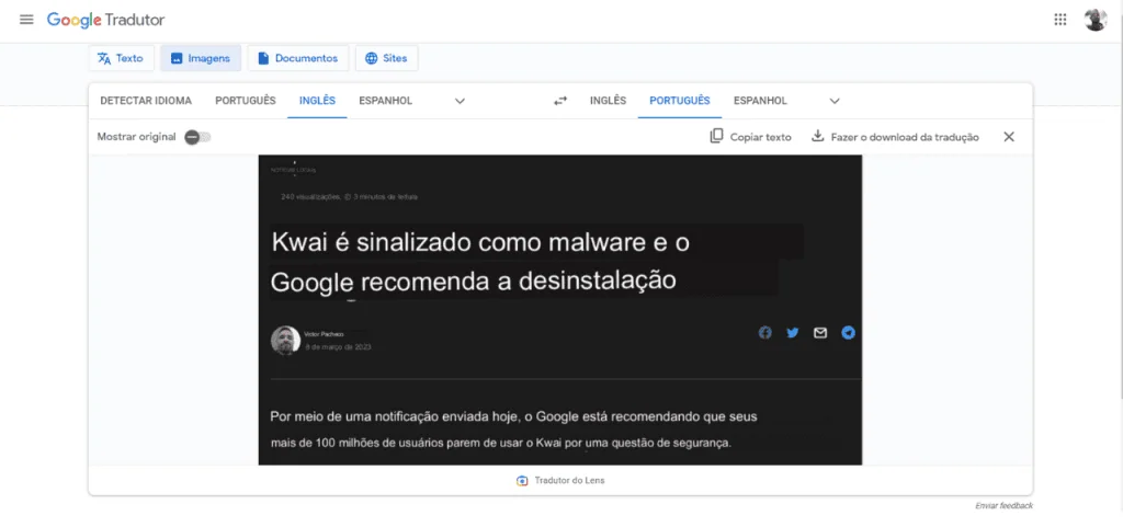 Como traduzir imagens com o google tradutor via web Exemplo de imagem traduzida pelo google tradutor para navegadores