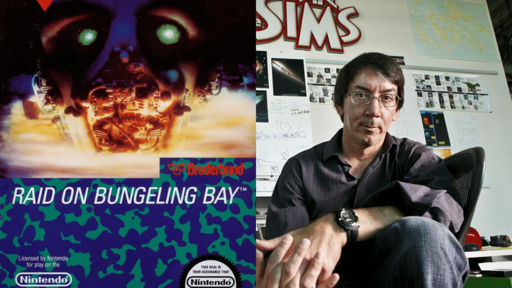 Capa do jogo "raid on bungeling bay" à esquerda, e will wright à direita fotografado no the sims studio.