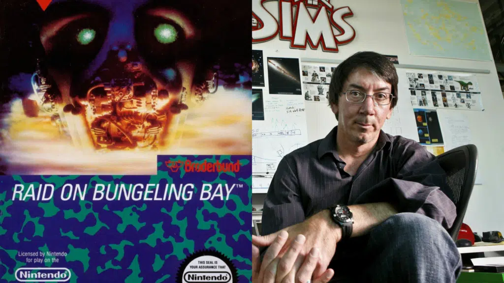 Por que a ea games desistiu da franquia simcity? Capa do jogo "raid on bungeling bay" à esquerda, e will wright à direita fotografado no the sims studio.
