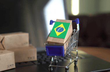 Alt: mini carrinho de compras com pacote com bandeira do brasil, símbolo de compras na shein, shopee, aliexpress.