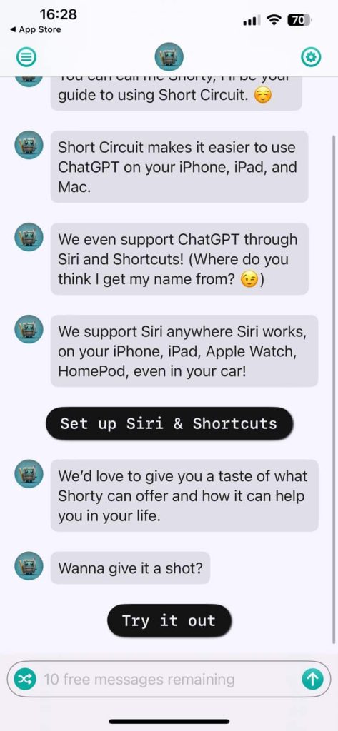 Chatgpt no iphone com suporte a short circuit, siri e atalhos.