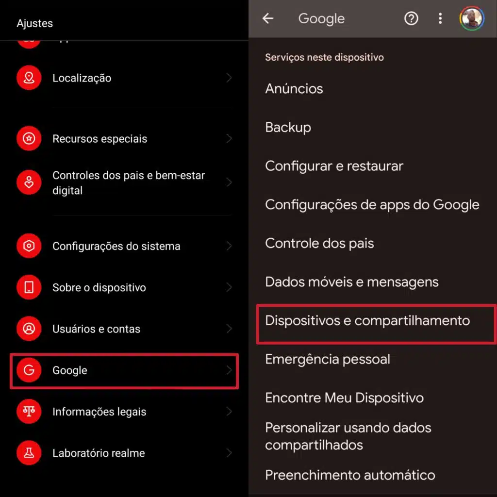 Ativação do nearby share em um smartphone android