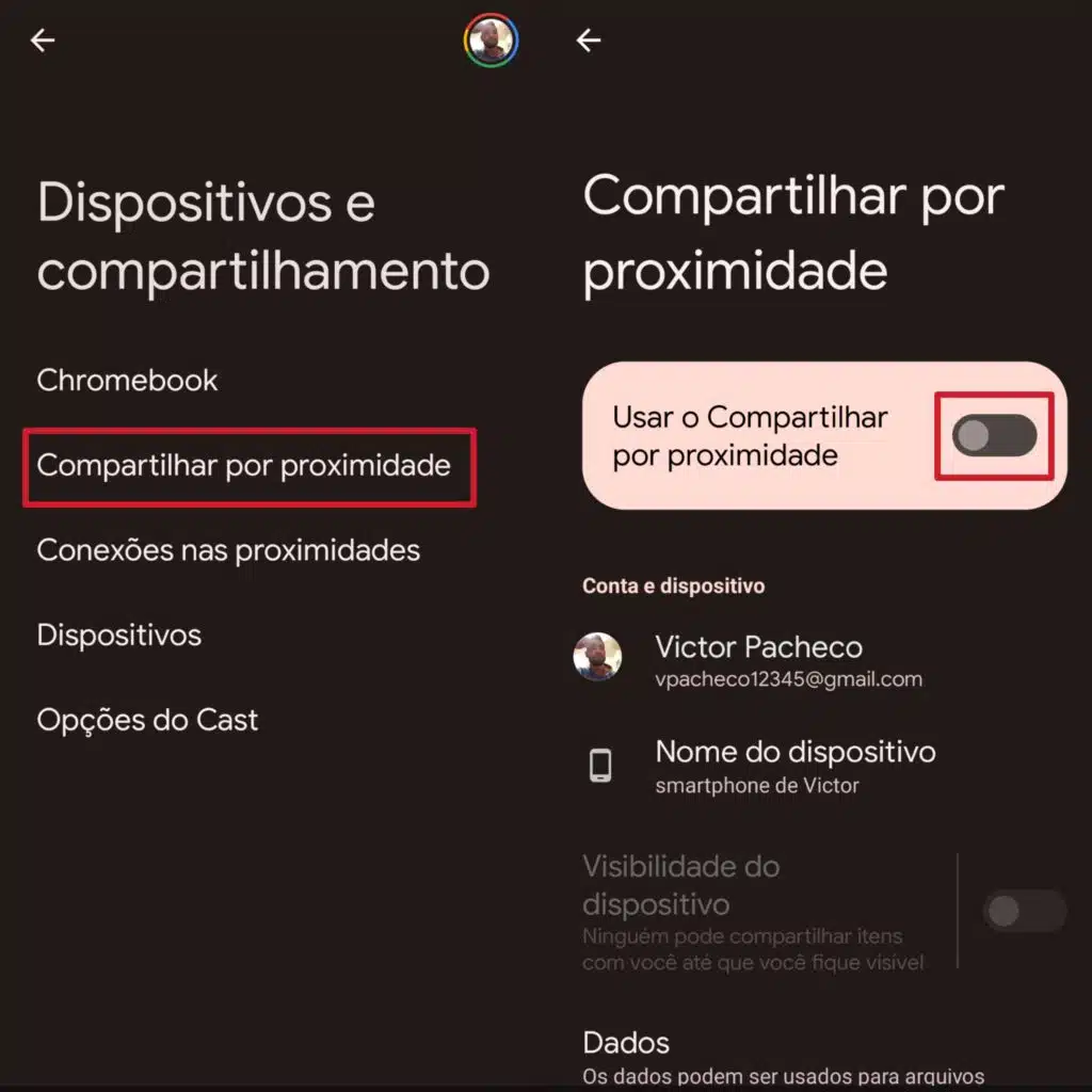 Ativação do airdrop do android  em um smartphone
