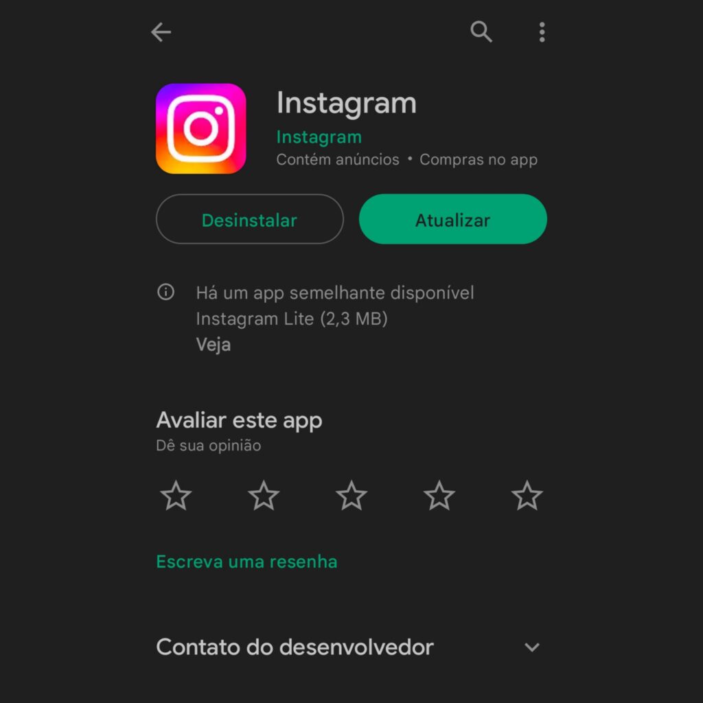 O que fazer se não consigo postar stories no instagram? Tela do aplicativo do instagram na google play store