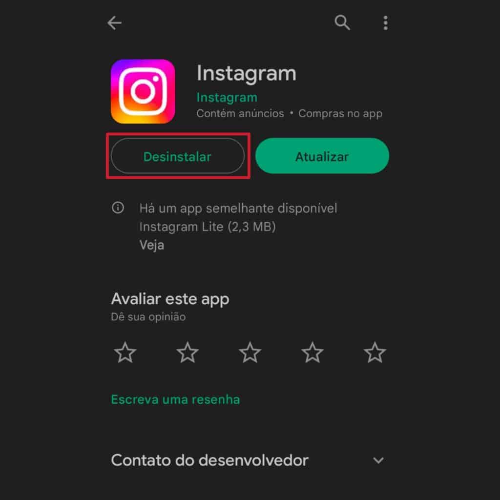 O que fazer se não consigo postar stories no instagram? Tela do aplicativo do instagram na google play store