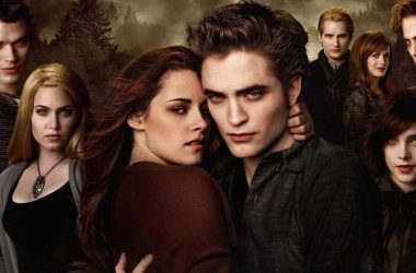 Ao centro da imagem estão os protagonistas de crepúsculo, bella e edward. Ao fundo estão os demais membros da família dos cullen
