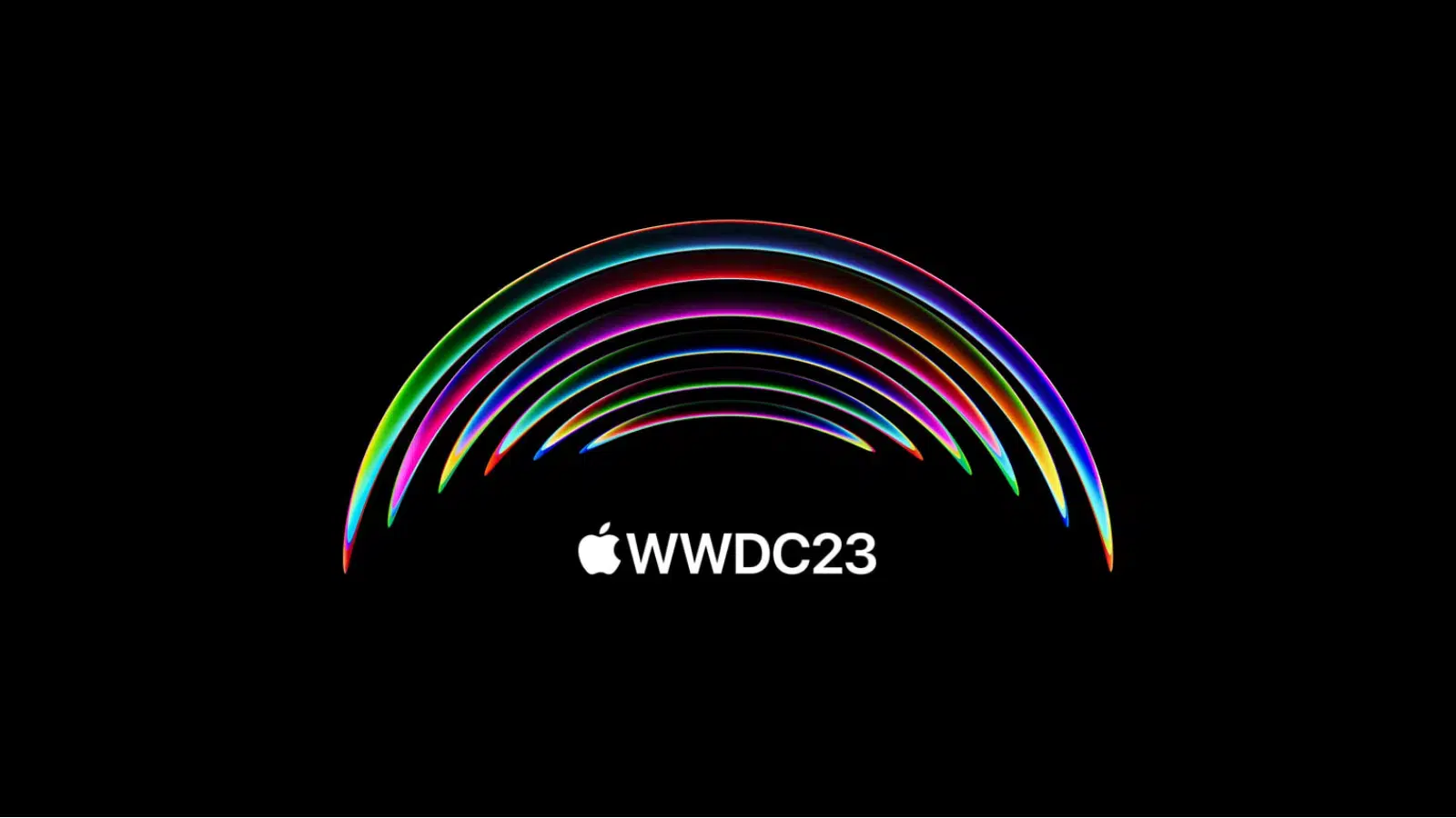 Imagem de arco-íris colorido sobre fundo preto, com logo da wwdc23 da apple.