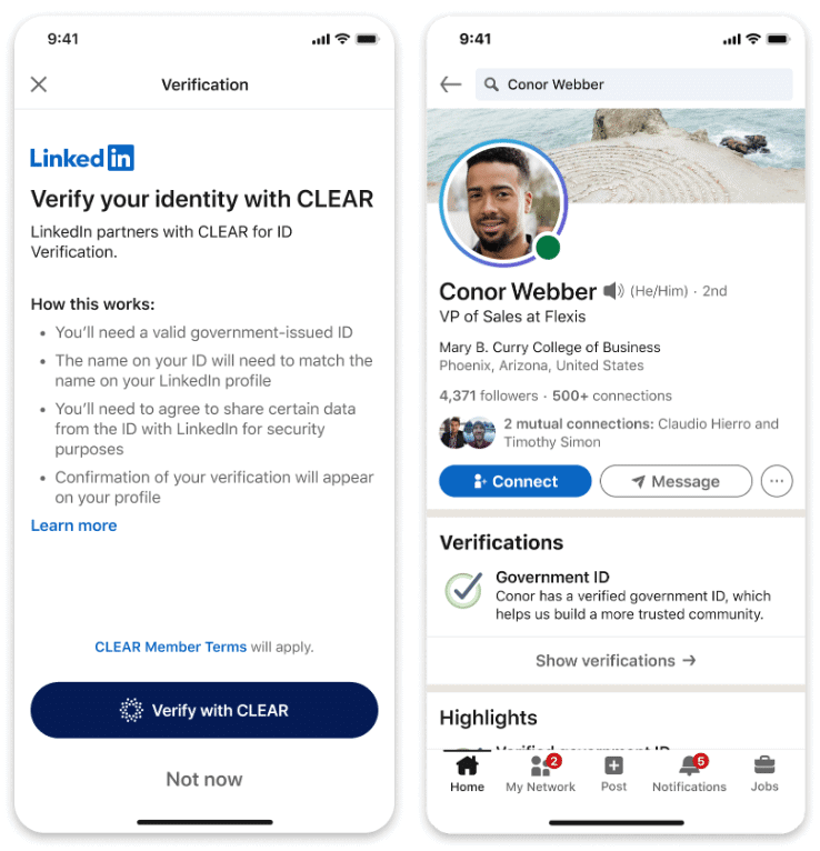 Linkedin terá selo de verificação gratuito para validar perfis Aparentemente a verificação com o clear funcionará exclusivamente para usuários que contem com um id governamental americano e um número também dos estados unidos, de acordo com a página oficial da rede social. Imagem: linkedin