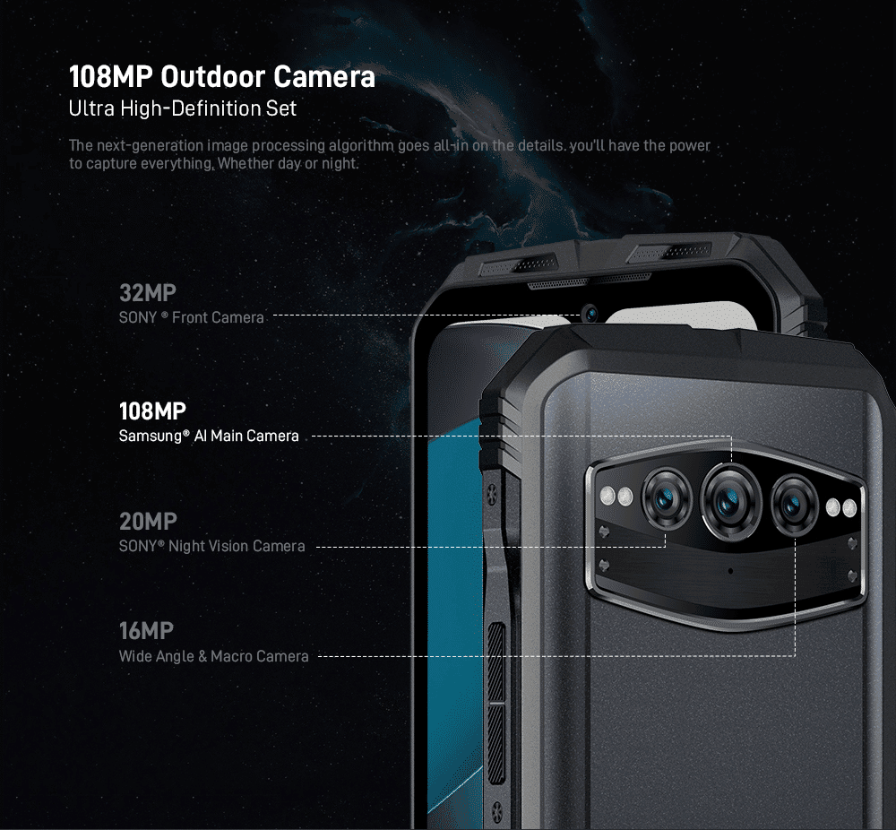 Câmera do smartphone doogee v30t com alta resolução de 108mp, ideal para fotos de alta qualidade ao ar livre.