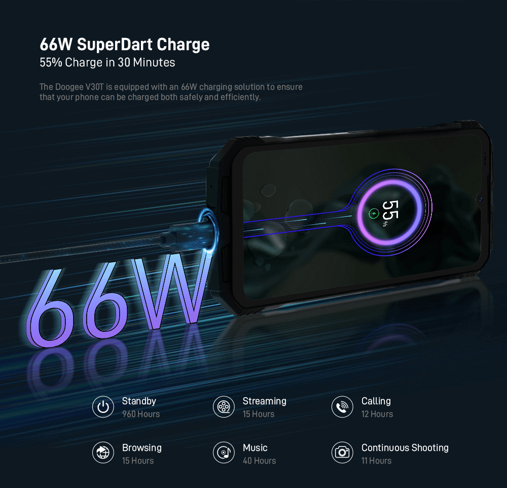 Celular doogee v30t com carregador rápido de 66w, bateria de longa duração e recursos avançados.