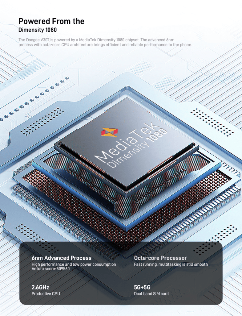 Imagem do smartphone doogee v30t focado no processador dimensity 1080.