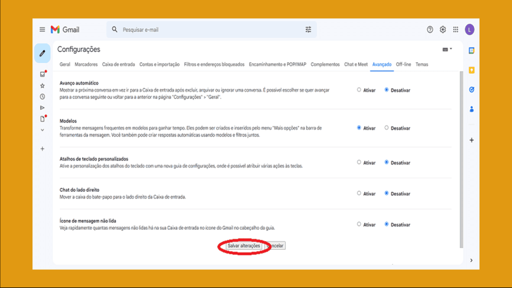 Etiqueta alt: configuração de modelos de e-mail no gmail para otimizar respostas rápidas.