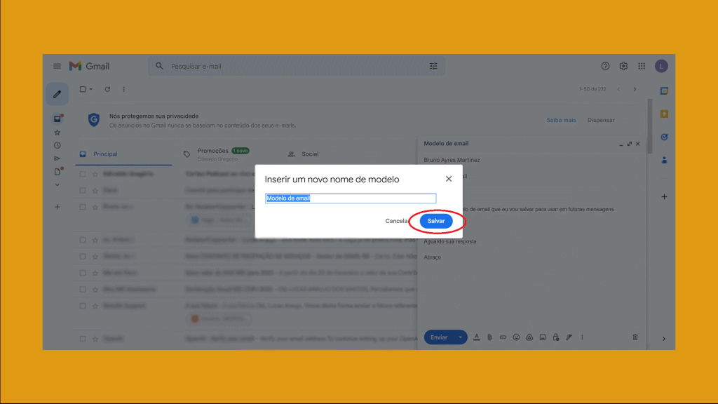 Ícone de criação de templates no gmail com opção de salvar novo modelo.