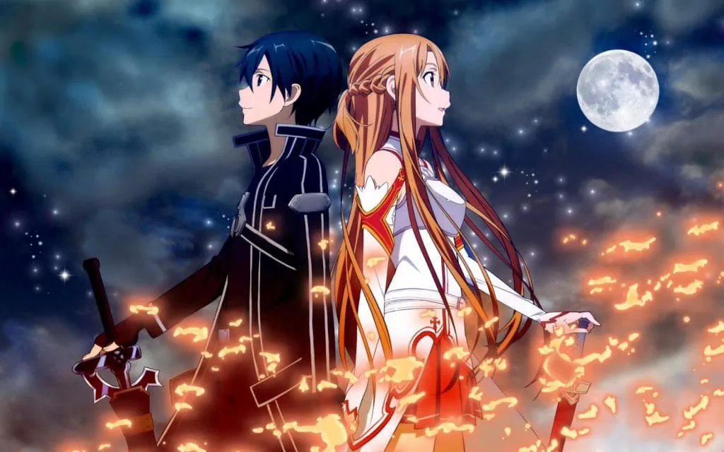 20 animes grátis na crunchyroll para assistir Cena do anime "sword art online" com os personagens principais