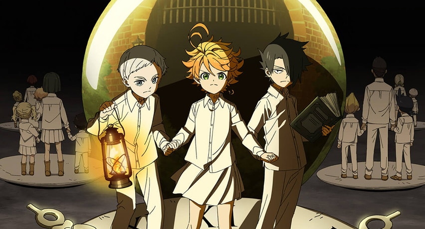 Os personagens norman, emma e ray de "the promised neverland"