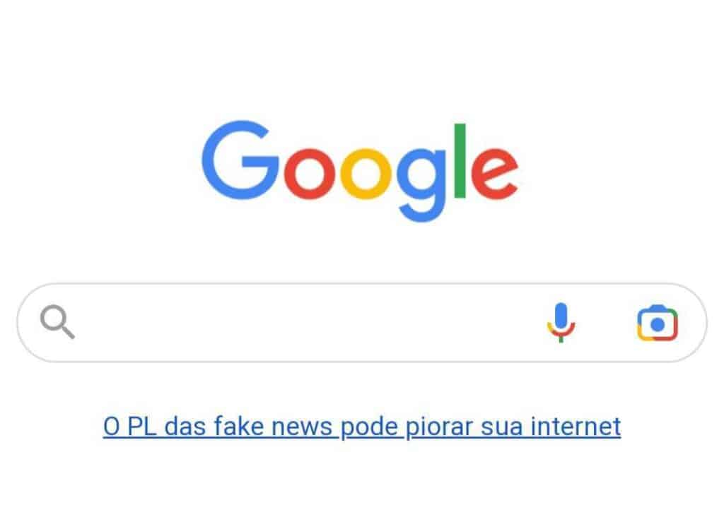 Página inicial do google promovendo a reprovação da pl 2630