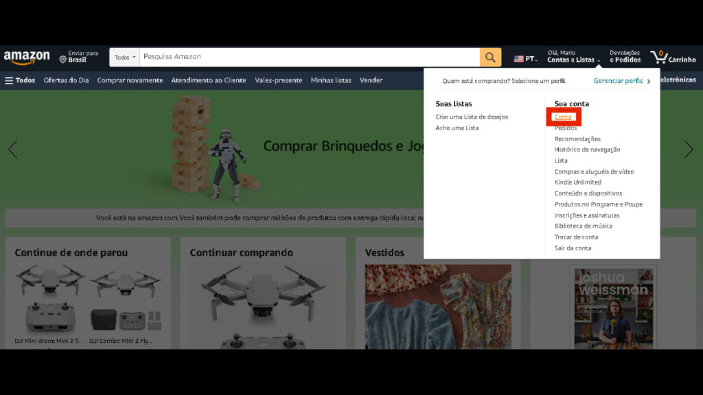Acessando o menu de usuário no site da Amazon 