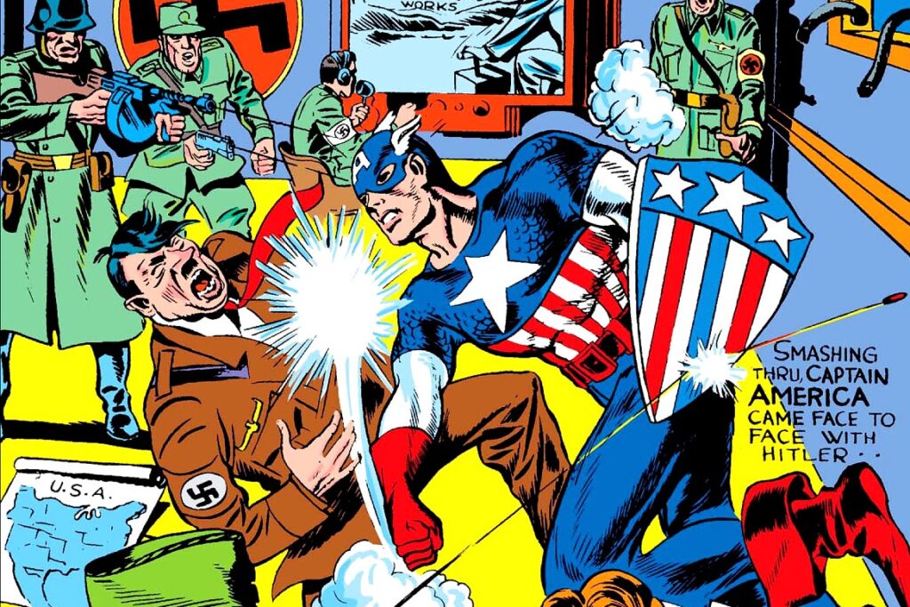 Capitão américa em uma de suas primeiras aparições nos quadrinhos