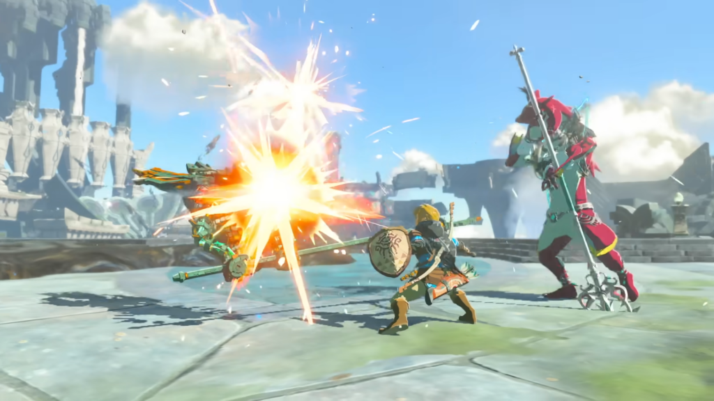 Link luta ao lado de sidon em tears of the kingdom