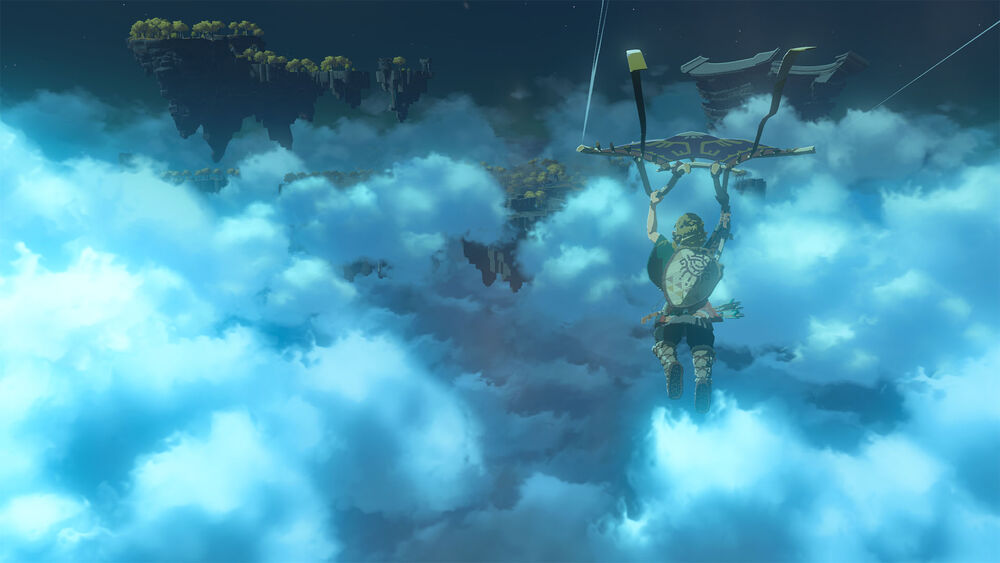 Link usando o paraglider em totk