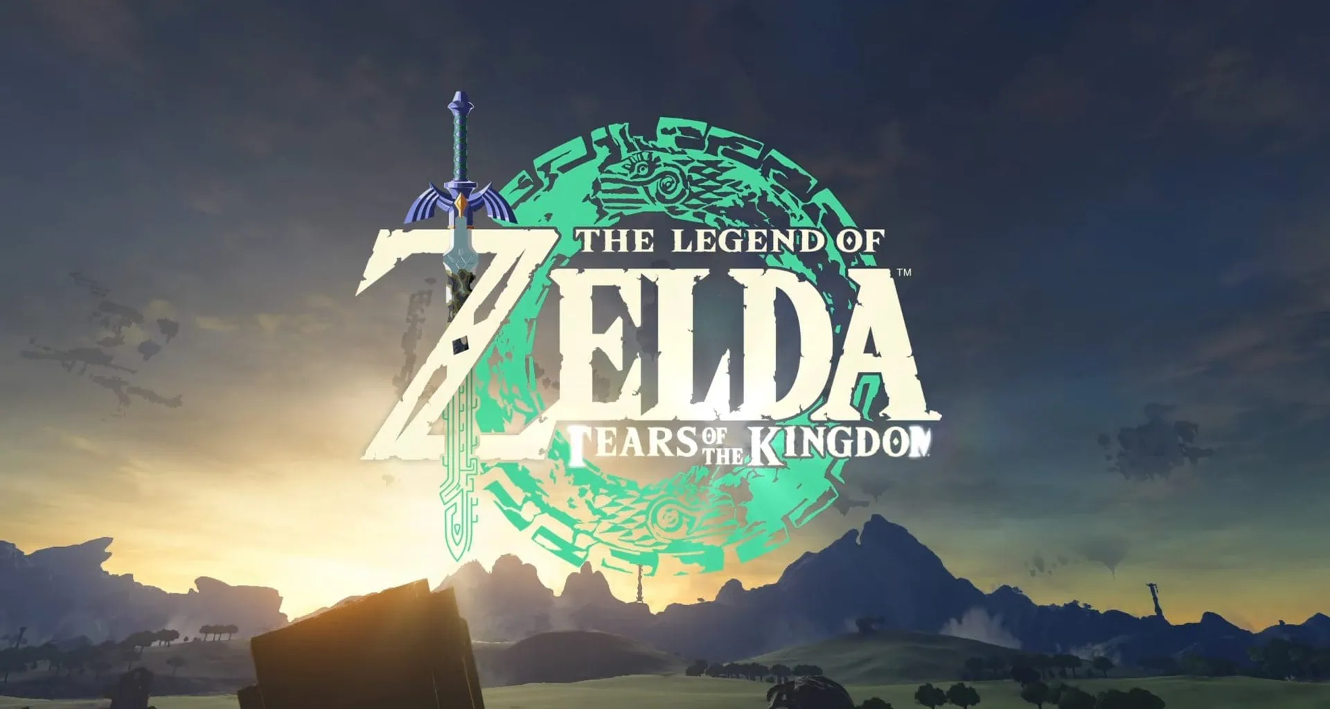 Imagem do logo do jogo the legend of zelda: tears of the kingdom com cenário ao entardecer.