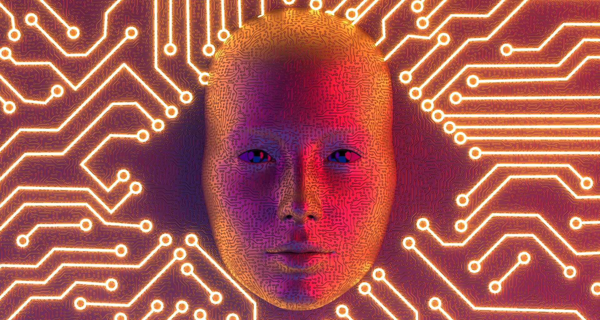 Robô de inteligência artificial no centro da imagem tem caratcteristicas humanoides