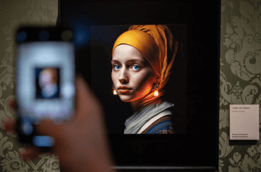 Retrato de mulher com turbante amarelo em exibição de arte, detalhe de uma obra de arte.
