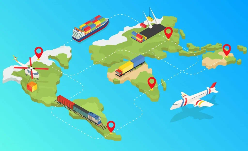 Compras internacionais online valem a pena? Um guia completo Desenho mostra todos os trâmites para envio de entregas internacionais. É possível ver avião, caminhão, trem, helicóptero e navio.