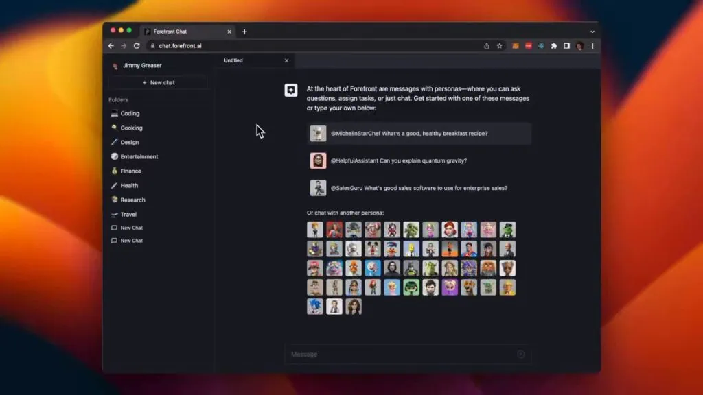 Como acessar o chatgpt-4 de graça Tela do site forefront chat