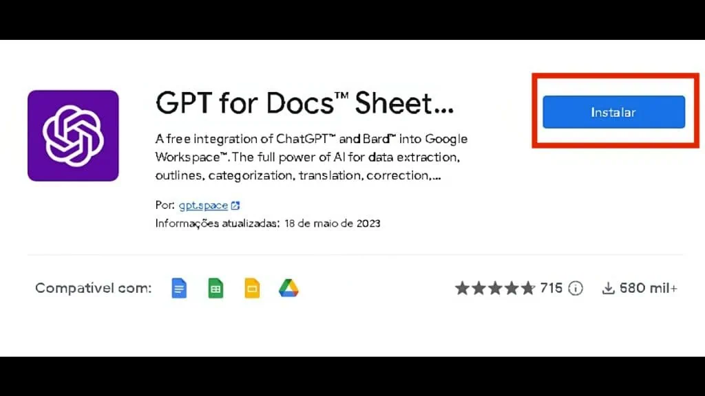 Como usar o chatgpt no google docs, planilhas e até gmail Botão instalar em destaque na pagina de instalação do gpt for docs