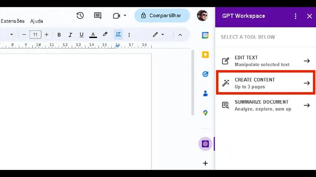 Como usar o chatgpt no google docs, planilhas e até gmail Utilize o botão “create content” para criar um documento utilizando o chatgpt no google docs