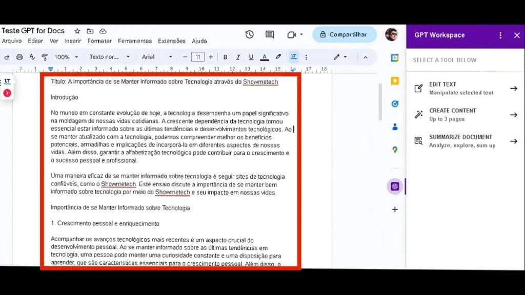 Como usar o chatgpt no google docs, planilhas e até gmail Documento criado pelo chatgpt no google docs