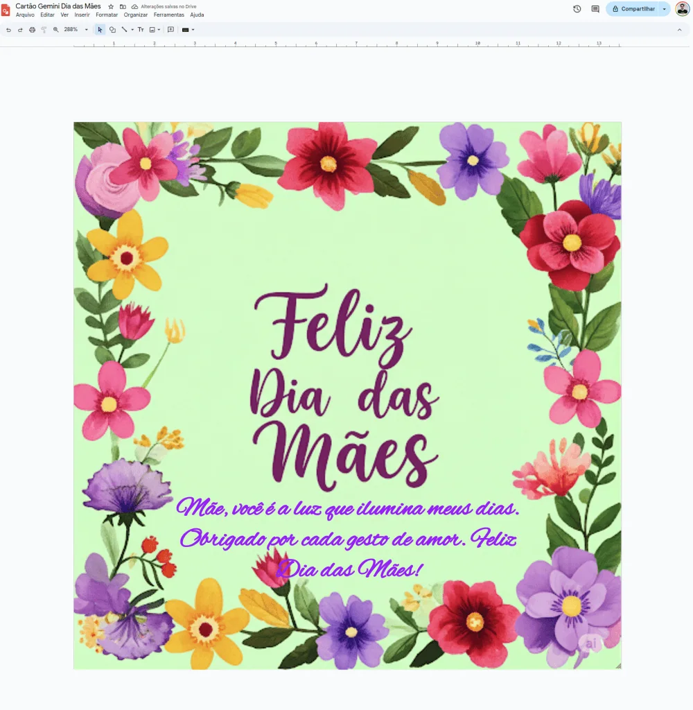 Como usar ia e apps para criar cartão para o dia das mães Cartão final do gemini em verde com flores