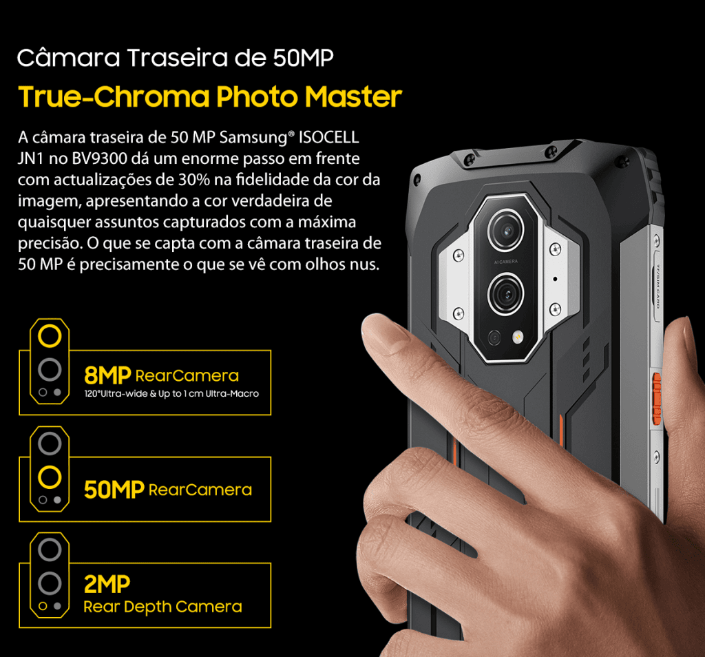 Câmera de 50 mp com tecnologia avançada, ideal para tirar fotos de alta qualidade com smartphone blackview bv9300.