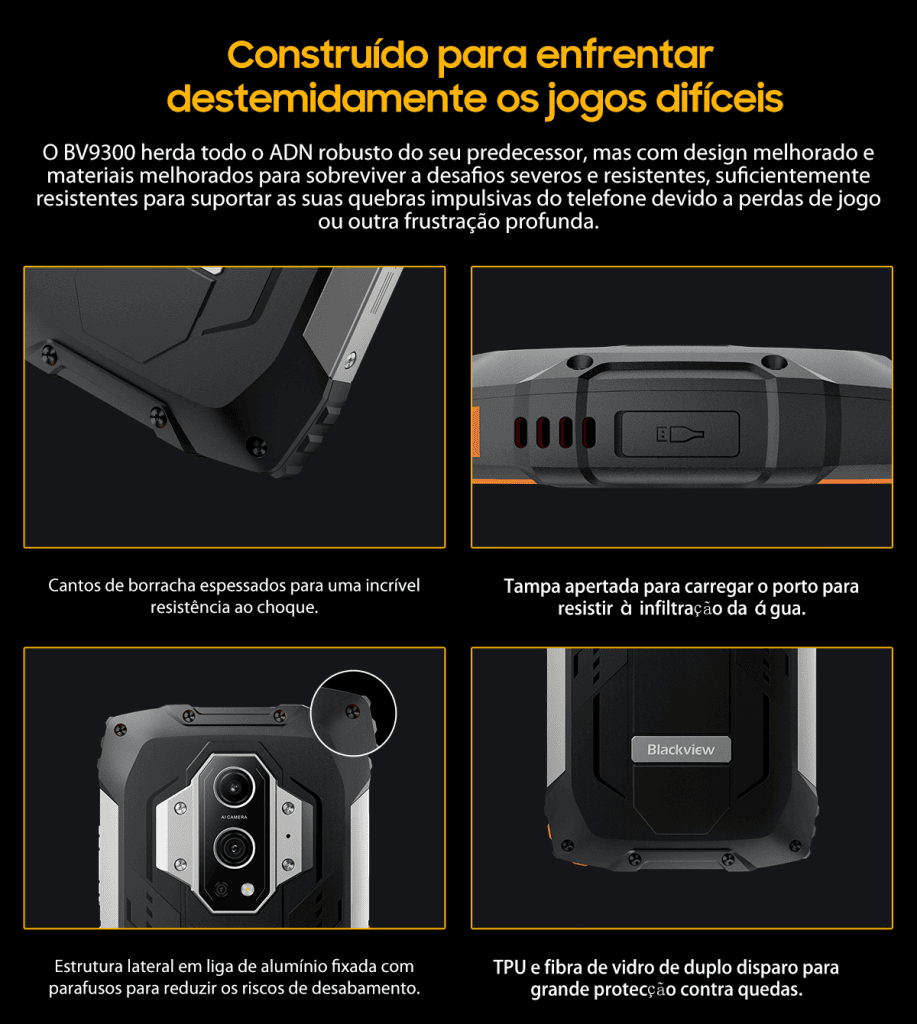 Celular blackview bv9300 à prova d'água e queda, com bateria duradoura e câmera avançada.