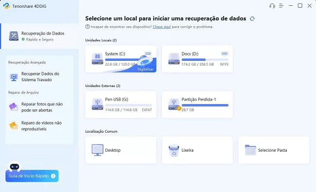 Como recuperar dados de hd externo com o 4ddig data recovery? Passo 1 (imagem: tenorshare 4ddig)
