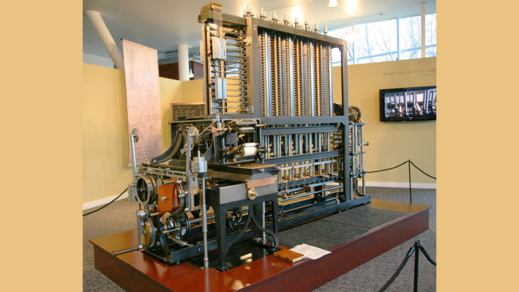 Uma réplica d máquina diferencial de babbage que foi um marco tecnológico para a época em que foi pensada, em 1821. O objetivo era criar registros com os dados originais e repetir a ação com o intuito de atingir uma solução automática