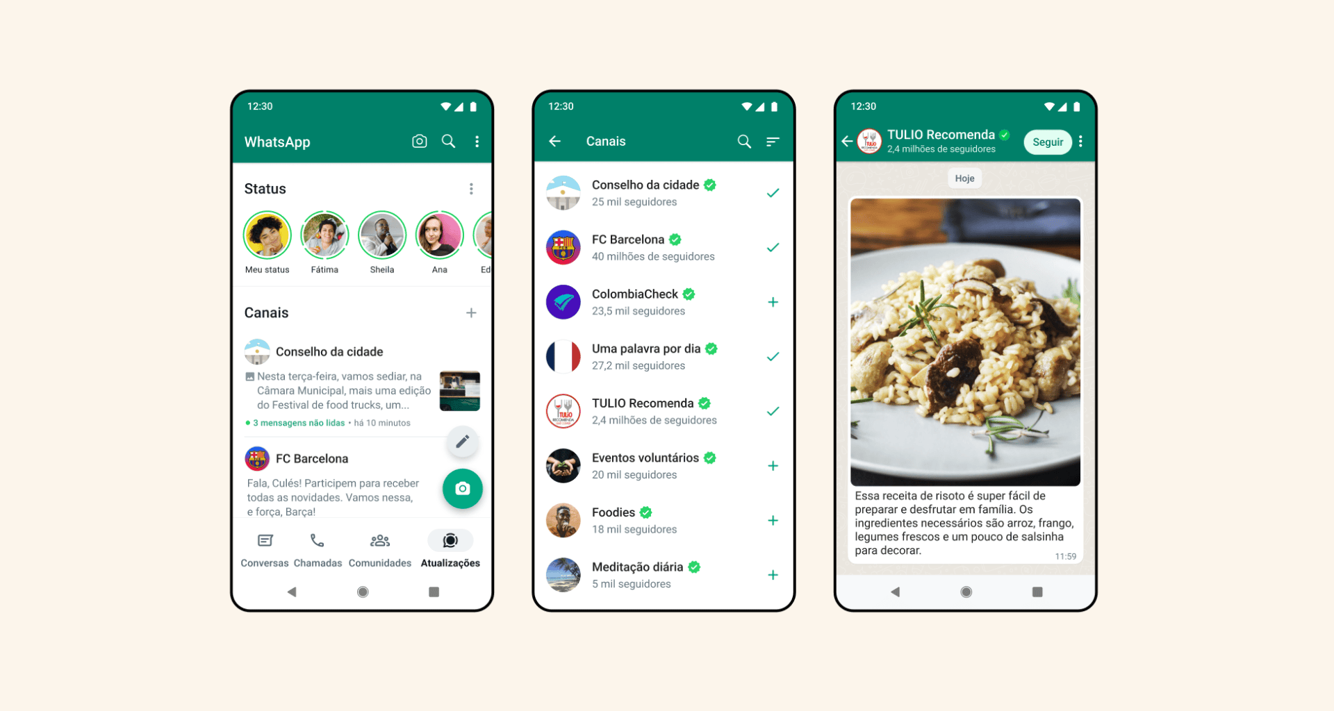 Иллюстративное изображение интерфейса WhatsApp и советов по приготовлению рецептов, демонстрирующее функции связи, каналы и кулинарный контент, идеально подходящее для сферы технологий и гастрономии.