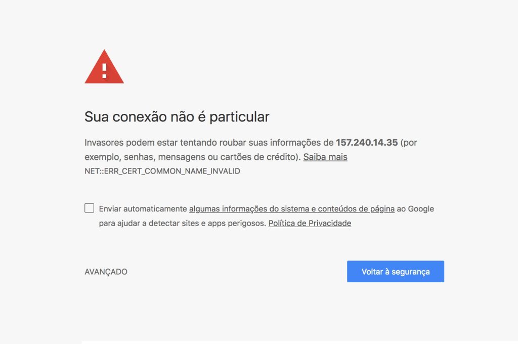Conexão de internet interrompida no site showmetech, mensagem de erro com aviso de conexão não particular.